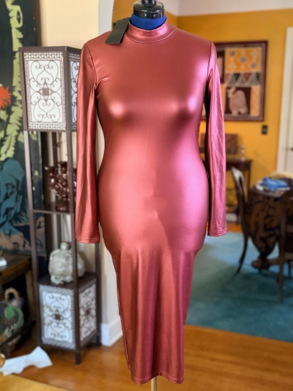 NWT SHEIN Metallic Pink Long Sleeve Mock Neck Bodycon Dress